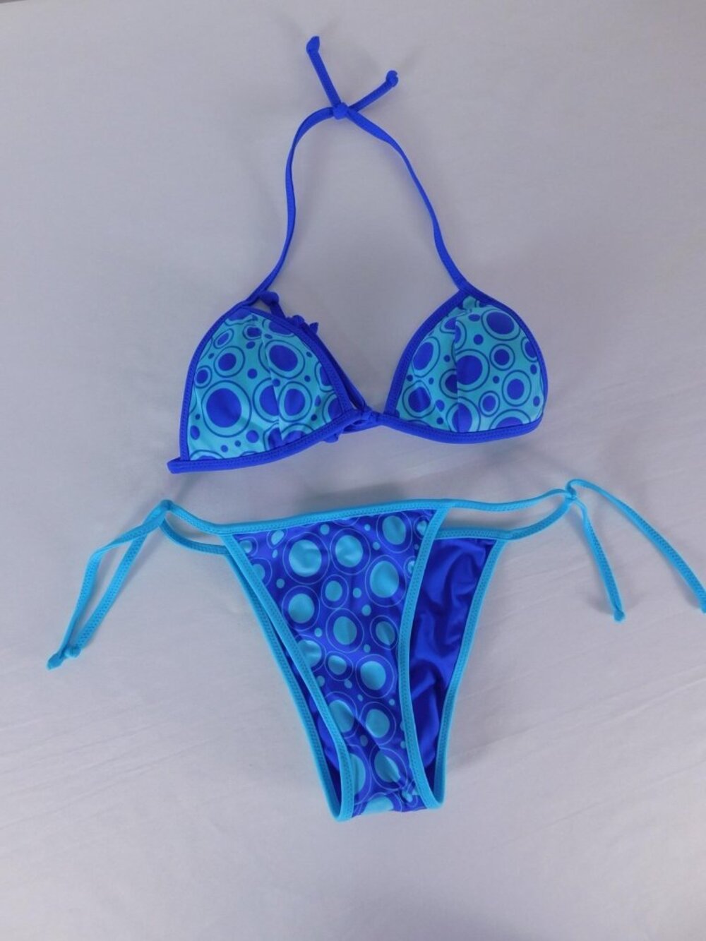Leonisa Bikini Womens 8 Blue Polka Dot Triangle Halter Side Tie Stretch 2 Piece